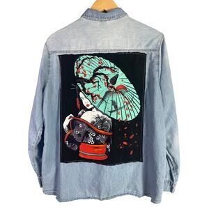 HOT Upcycled Denim Jean Japanese Geisha Blue long shirt 2XL XXL